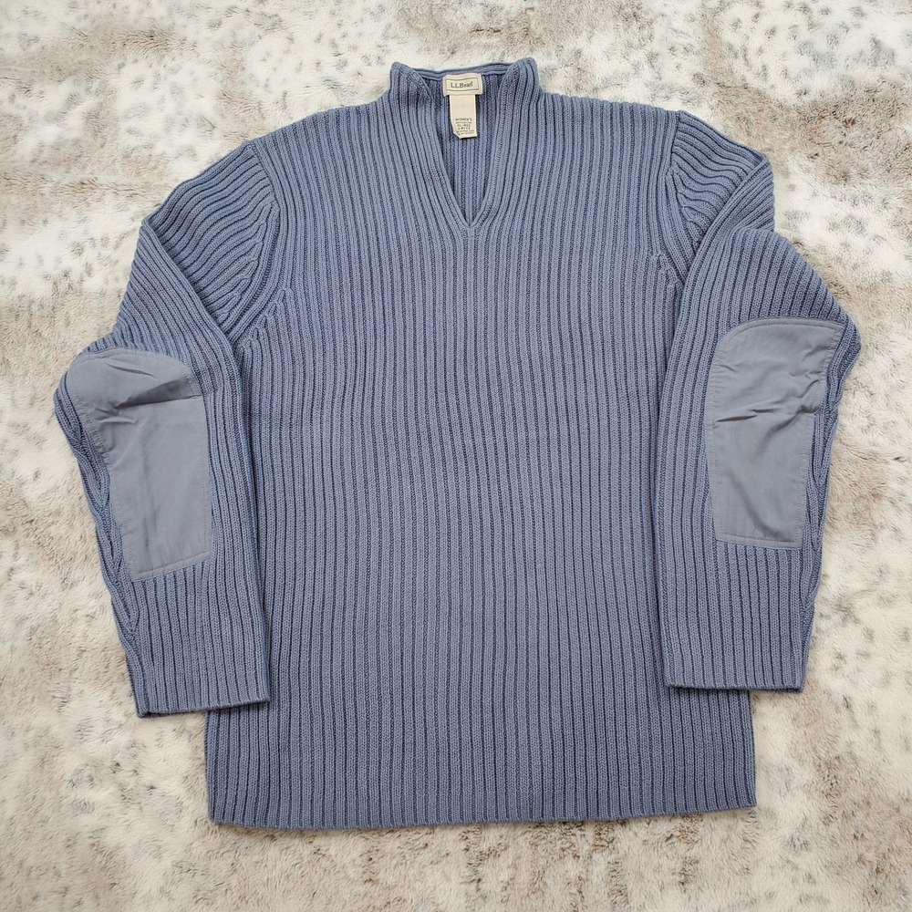 L.L. Bean Women's Sweater XL Blue Ribbed Mock Neck V-Neck Elbow‎ Patches